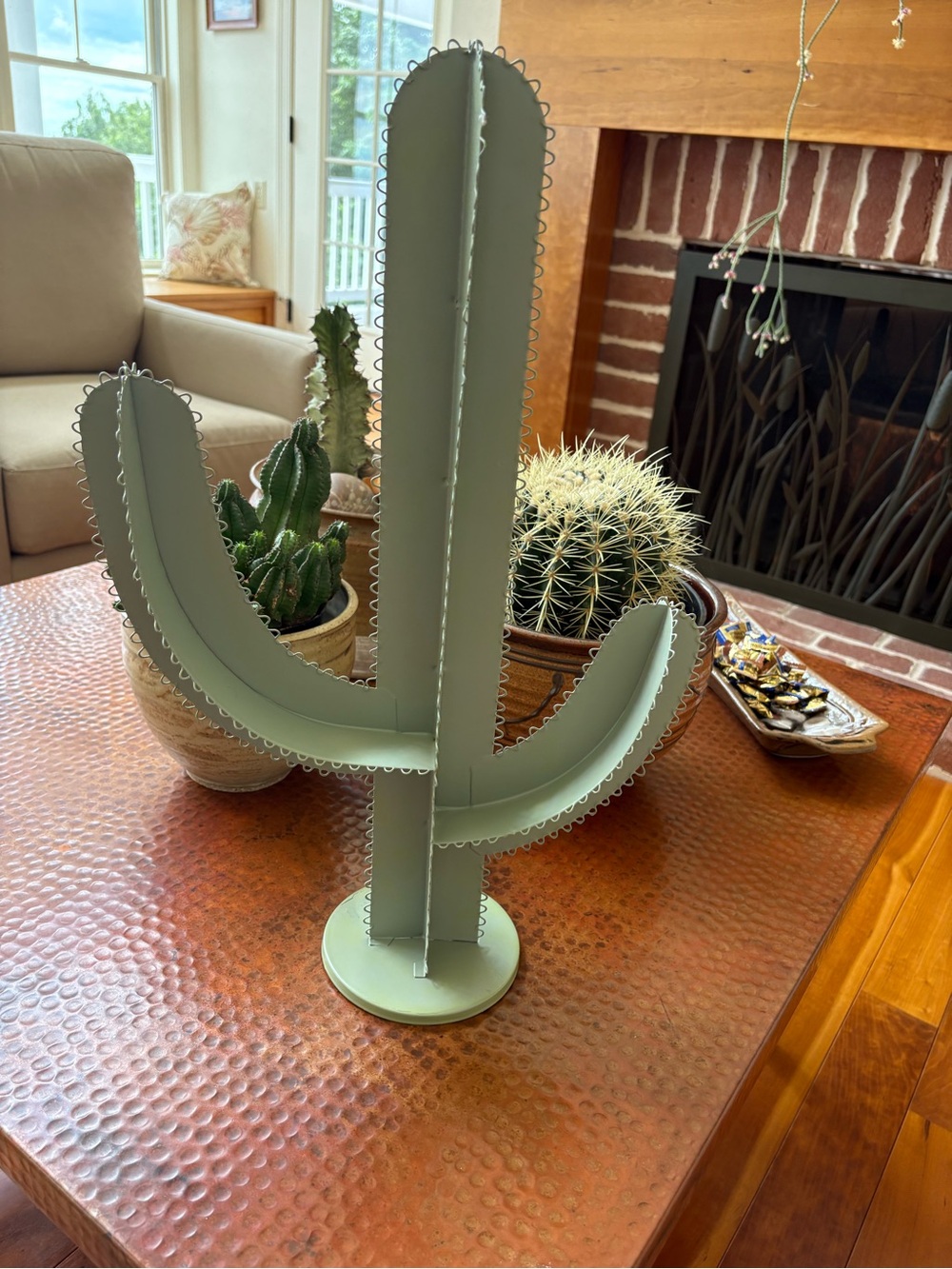 Cool Decorative Sage Green Metal Cactus Sculpture